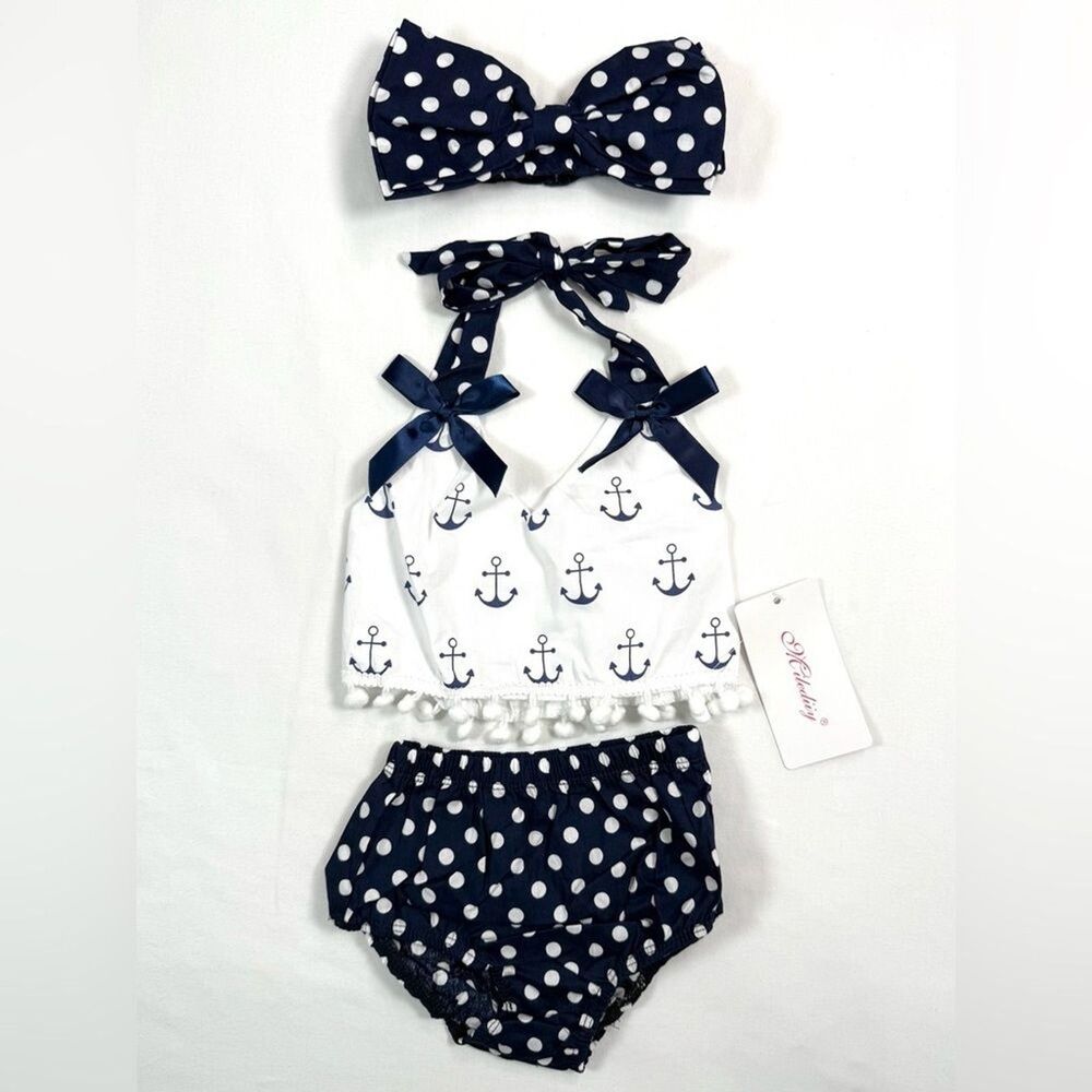 NWT MILEDIIY Baby Girls’ Nautical Polka Dot Coastal 3-PC Swim Set Size 9-12M